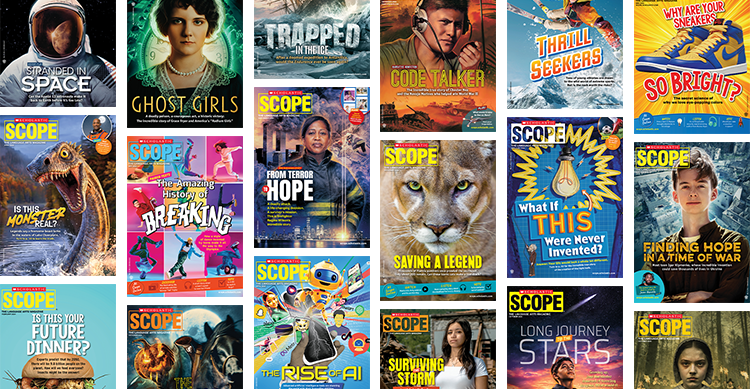 Collage of Scholastic Scope magazine covers with varied nonfiction and fiction topics