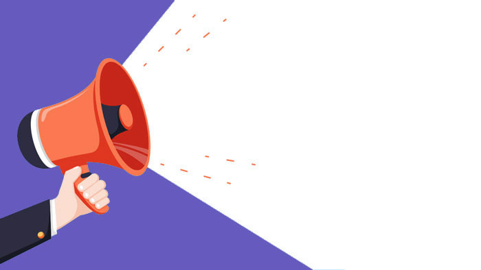 A hand holds a megaphone that projects sound toward an open white space