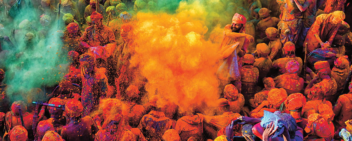 Bird's eye view of people celebrating Holi