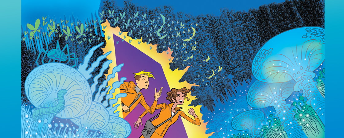 Illustration of two biologists studying a bioluminscent forest