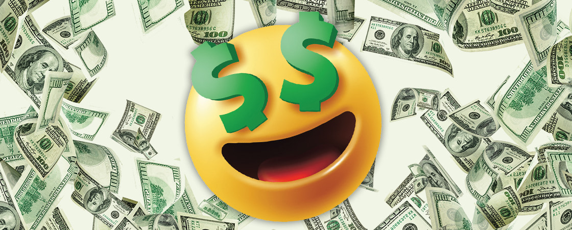 Image of emoji with dollar signs for eyes surrounded by cash money