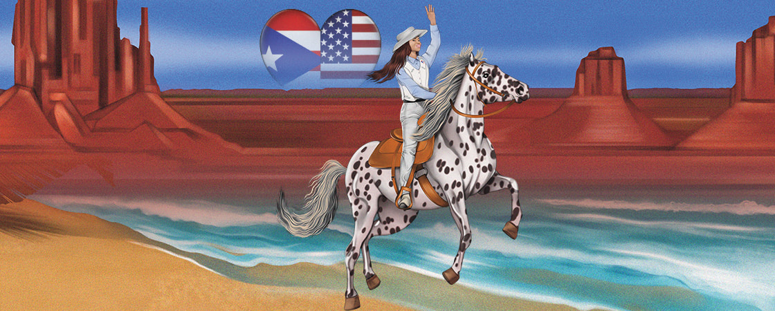 Image of person riding horse in desert landscape