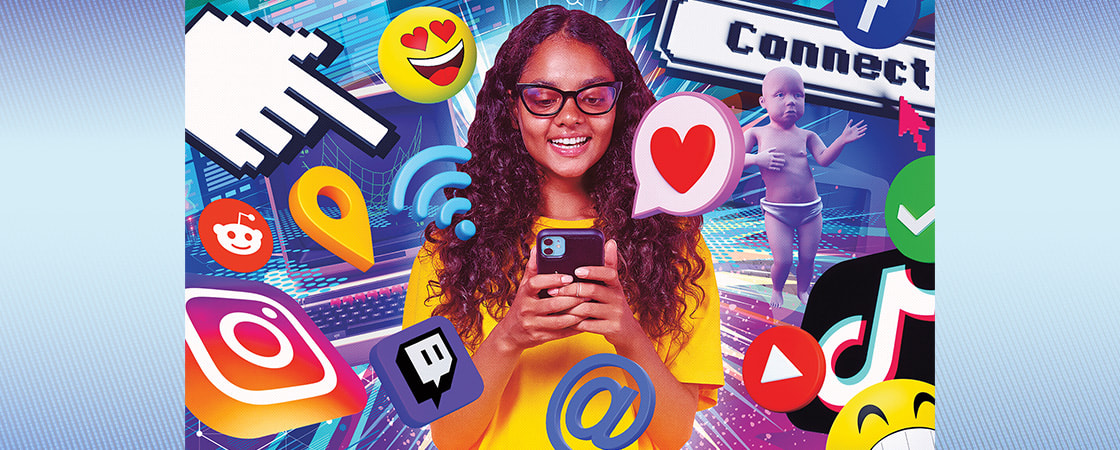 Image of teen using a phone surrounded by apps and emojis