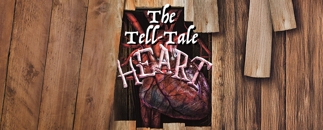 Image of a heart hidden in a wooden floor. Text, "The Tell-Tale Heart"