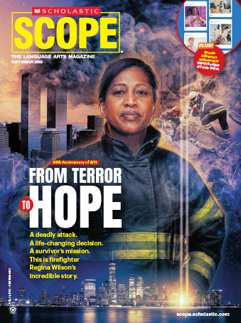 Cover of Scholastic Scope, firefighter Regina Wilson stands before a skyline with smoke