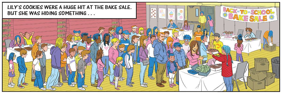 A large crowd lines up at a Back-To-School Bake Sale as Lily sells cookies at a table