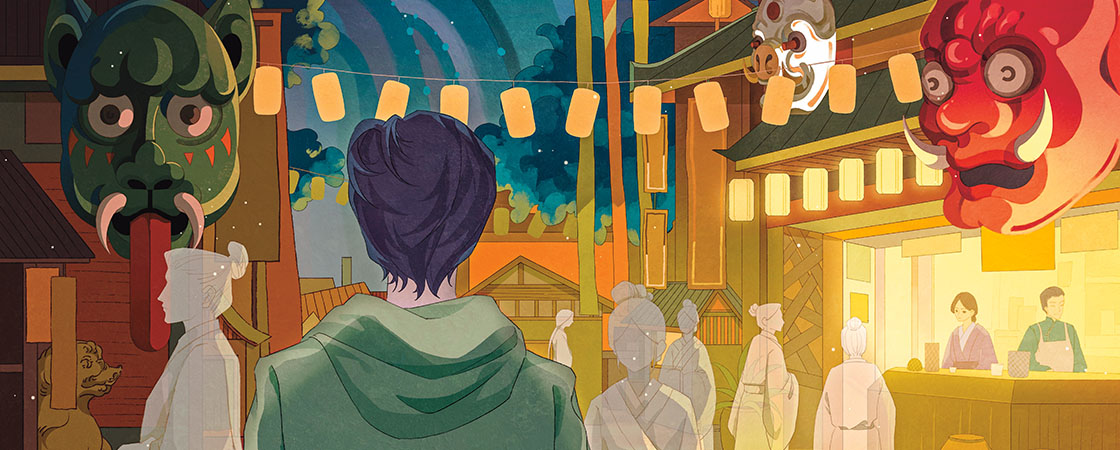 A boy stands at a Japanese festival street lit by paper lanterns, with large traditional masks on either side