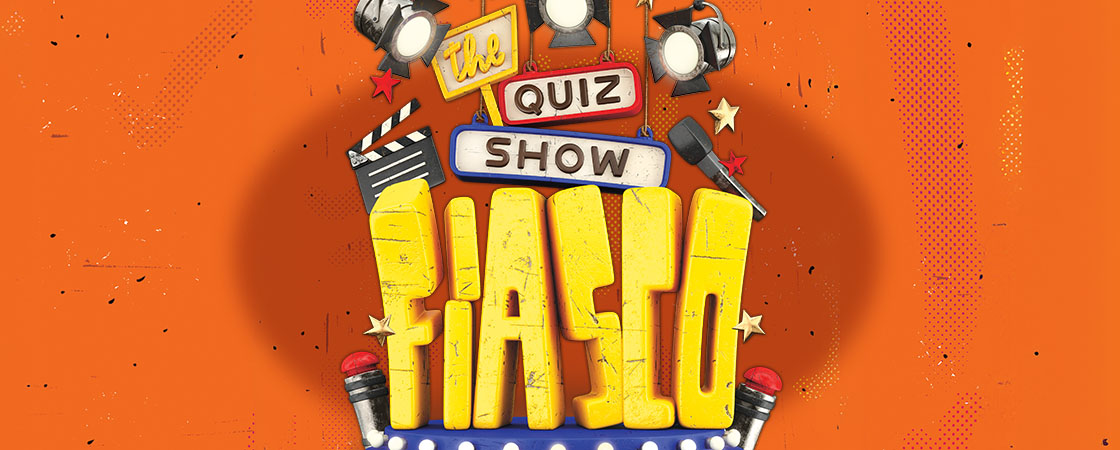 Cover of The Quiz Show Fiasco, bold title with stage lights, microphones, and a clapperboard