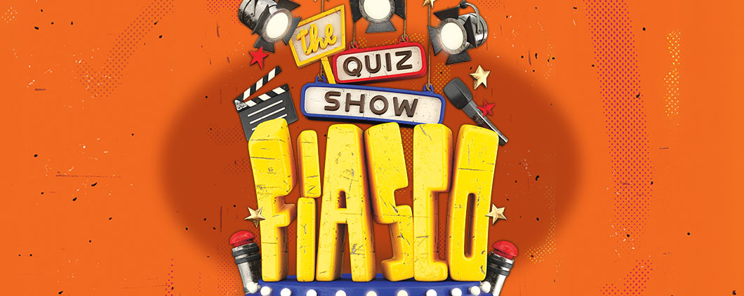 Cover of The Quiz Show Fiasco, bold title with stage lights, microphones, and a film clapperboard